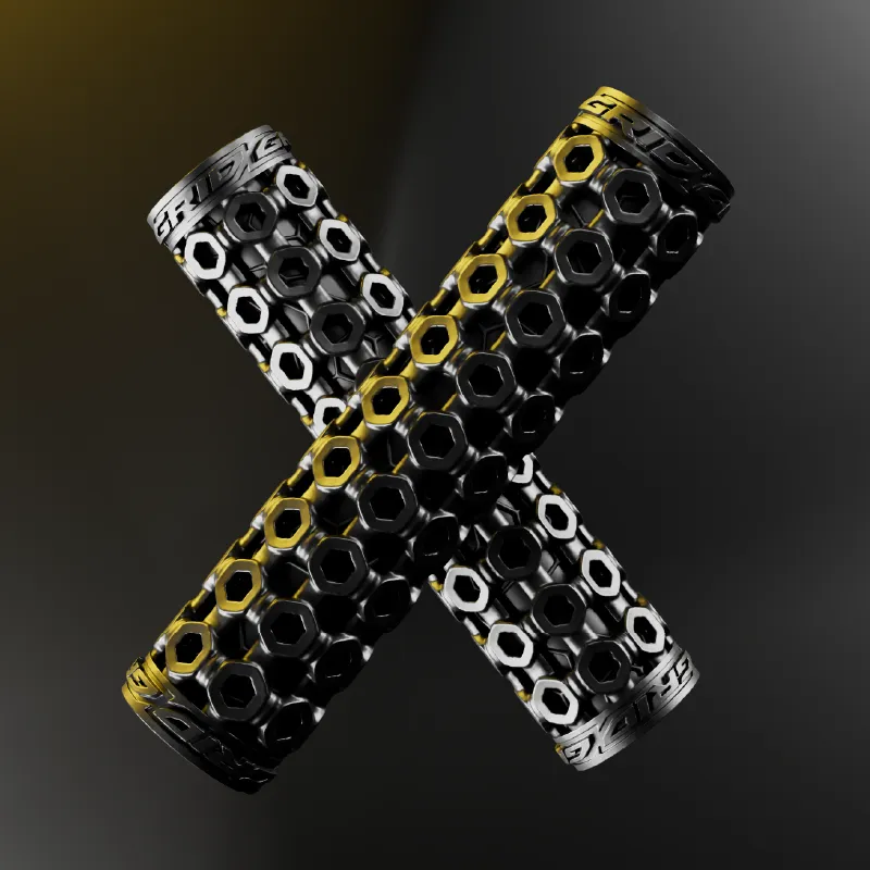 A pair of HexGrips crossed in an X, the hexagonal lattice edged in gold and silver light
